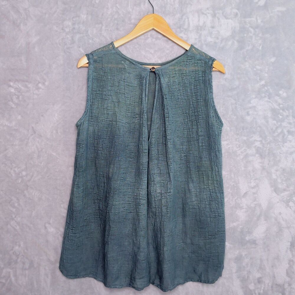 LA BOTTEGA Teal Gauzy Linen Sleeveless Top Size M Hi-Lo Flowy Layer Lightweight - Picture 2 of 13